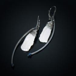 srebrne kolczyki oksydowane perła biwa surowe - Kolczyki - Biżuteria