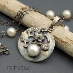 naszyjnik srebrny z perłami,kwiaty,secesja - Naszyjniki - Biżuteria