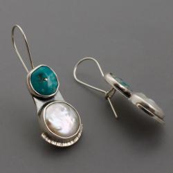 srebrne kolczyki z perłami i turkusami - Kolczyki - Biżuteria