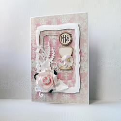 scrapbooking,kartka,papier,komunia,róża - Kartki okolicznościowe - Akcesoria