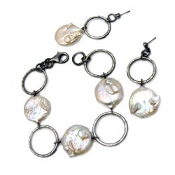 srebrne kolczyki i bransoleta z perłami,rękodzieł - Komplety - Biżuteria