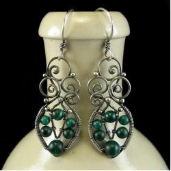 malachit,zielone,srebrne,lutowane,wire-wrapping, - Kolczyki - Biżuteria