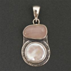 wisior srebrny z perłą i z kwarcem różowym - Wisiory - Biżuteria