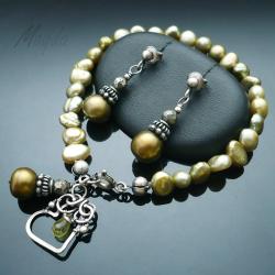 elegancki,srebro,wire-wrapping,perły,oliwka - Komplety - Biżuteria
