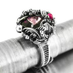 rubin,antique pink,srebro,wire-wrapping,swarovski - Pierścionki - Biżuteria