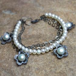 srebrna bransoletka z perłami - Bransoletki - Biżuteria