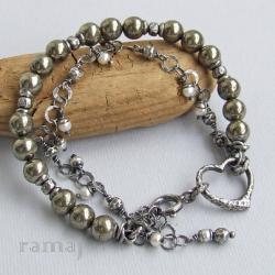 Ramaj,bransoletka z pirytem i perłami - Bransoletki - Biżuteria