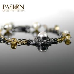 Bransoleka srebrno-złota z perłami i cytrynami - Bransoletki - Biżuteria