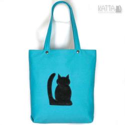 blue bag,kocia torba,na lato,z kotem,czarny kot - Na ramię - Torebki