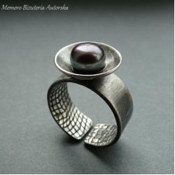 srebro,perła,czarna,fioletowa - Pierścionki - Biżuteria