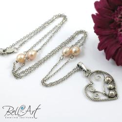 perły,serce,srebro,romantyczne - Naszyjniki - Biżuteria
