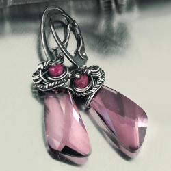 rubin,antique pink,srebro,wire-wrapping,swarovski - Kolczyki - Biżuteria