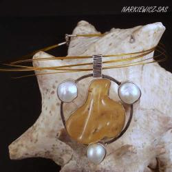 srebrny naszyjnik z bursztynem i perłami - Naszyjniki - Biżuteria