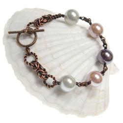 miedź,perły,seashell,chainmaille - Bransoletki - Biżuteria