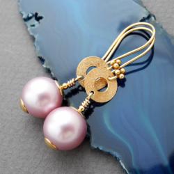 srebro pozłacane,perły Swarovski,kolczyki,różowe - Kolczyki - Biżuteria