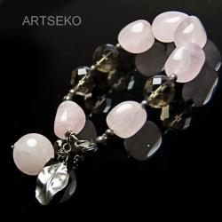 Srebrna bransoletka z kwarcu różowego i dymnego - Bransoletki - Biżuteria