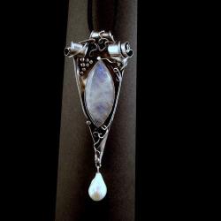 srebrny wisior kamień księżycowy i biała perła - Wisiory - Biżuteria