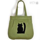 Na ramię zielona torba,kocia,czarny kot,dla kociary