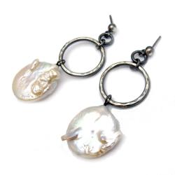 srebrne kolczyki z dużymi perłami,rękodzieło - Kolczyki - Biżuteria