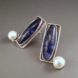 srebrne kolczyki z lapis lazuli i pereł - Kolczyki - Biżuteria