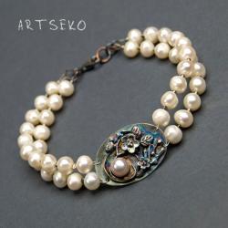 srebrna bransoletka perły art clay - Bransoletki - Biżuteria