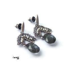 perły i kwarc turmalinowy z koronkami - Kolczyki - Biżuteria
