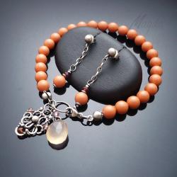 perły,koral,wire-wrapping,elegancki,swarovski - Komplety - Biżuteria