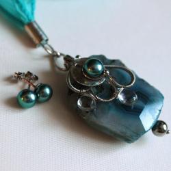 komplet,niebieski,perły,agat surowy - Komplety - Biżuteria