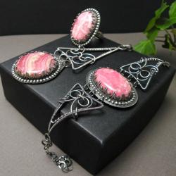 komplet,biżuteria,srebro,wire wrapping,różowy - Komplety - Biżuteria