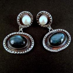 srebrne kolczyki z labradorytem i perłami - Kolczyki - Biżuteria