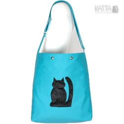 kocia torba,blue bag,czarny kot,na lato,błękitna - Na ramię - Torebki