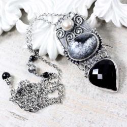 Srebrny naszyjnik z onyksem,agatem i perłą - Naszyjniki - Biżuteria