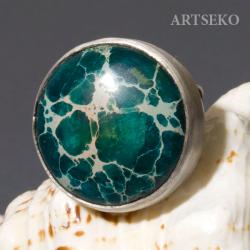Duży srebrny pierścionek z turkusowym jadeitem Art - Pierścionki - Biżuteria